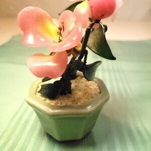 Vtg 1970s Chinese Glass Bonsai Tree - Pink Cherry Blossoms - Celadon Pot 4.5"